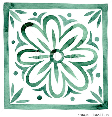 Ornamental tiles. Green watercolor illustration. 136511959