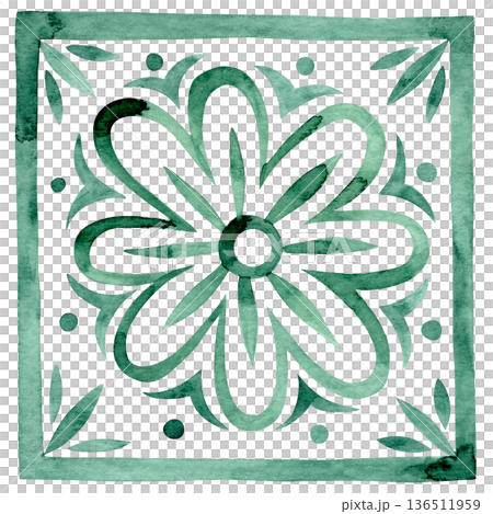 Ornamental tiles. Green watercolor illustration. 136511959