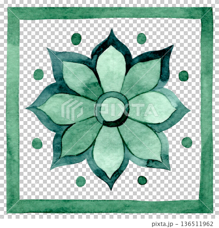 Ornamental tiles. Green watercolor illustration. Ornamental tiles. Green watercolor illustration. 136511962