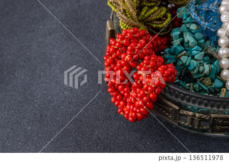 Red coral necklaces Assorted Beaded Jewelry in Container copy space 136511978