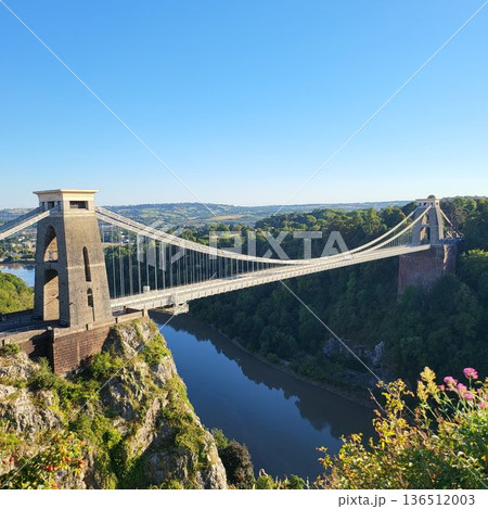 This is Clifton Suspension Bridge with hot ballon in summer time 136512003