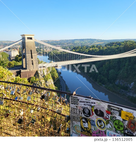 This is Clifton Suspension Bridge with hot ballon in summer time 136512005