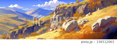 秋の岩山の風景、アニメ風 136512063