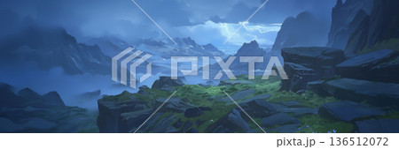 曇り空の岩山の風景、アニメ風 136512072