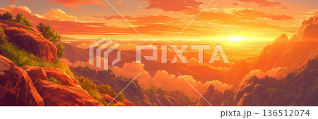 夕日が沈む岩山の風景、アニメ風 136512074