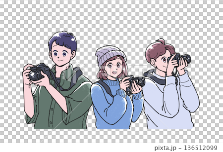 カメラを持つ男女3人のイラスト 136512099