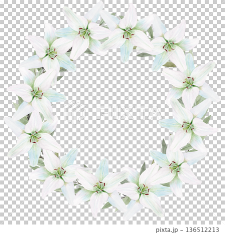 Watercolor wreath of white lilies with green leaves, delicate floral frame isolated on black background, hand painted botanical illustration for wedding invitations, Easter decor and greeting cards Watercolor wreath of white lilies with green leaves, delicate floral frame isolated on black background, hand painted botanical illustration for wedding invitations, Easter decor and greeting cards 136512213