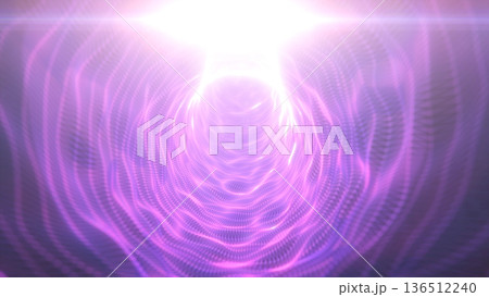 Glowing purple particle tunnel with soft wave rings and intense lens flare, creating a futuristic abstract digital portal background 136512240