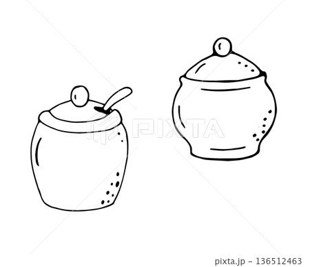 Hand Drawn Sugar Bowls Set Kitchen Line Art Illustration Hand Drawn Sugar Bowls Set Kitchen Line Art Illustration 136512463
