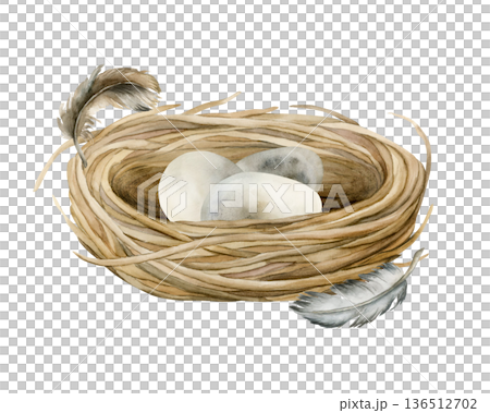 Bird nest with eggs. Wicker boho vintage rustic shabby chic decoration item. Watercolor hand drawn illustration isolated on white background in rural style for Easter spring design cottagecore poster Bird nest with eggs. Wicker boho vintage rustic shabby chic decoration item. Watercolor hand drawn illustration isolated on white background in rural style for Easter spring design cottagecore poster 136512702