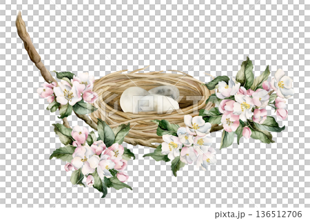Bird nest with eggs on spring blossom branch. Wicker boho vintage rustic shabby chic decoration item Watercolor hand drawn illustration isolated on white background rural for Easter design cottagecore Bird nest with eggs on spring blossom branch. Wicker boho vintage rustic shabby chic decoration item Watercolor hand drawn illustration isolated on white background rural for Easter design cottagecore 136512706