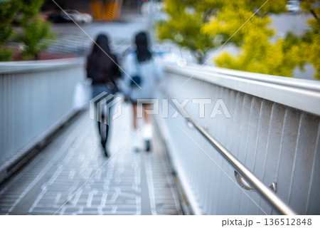 Two girls walking on a blurred urban bridge 136512848