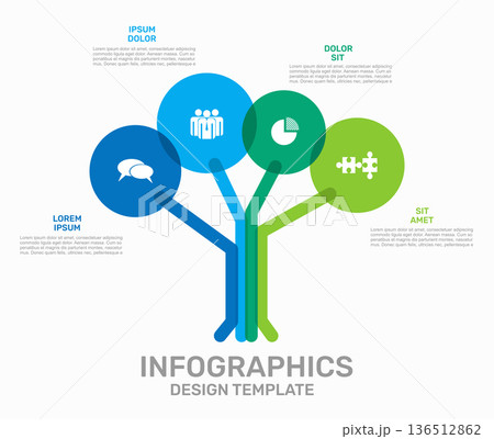 Tree-shaped infographic template with colorful branches and circular nodes containing icons. Vector illustration. Tree-shaped infographic template with colorful branches and circular nodes containing icons. Vector illustration. 136512862