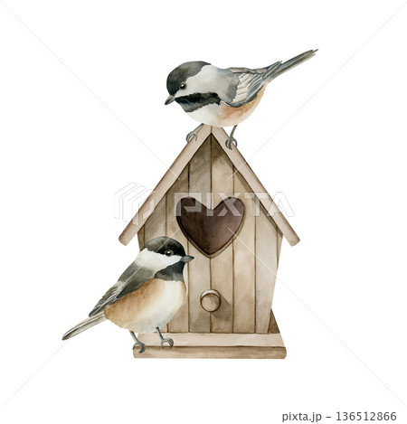 Wooden birdhouse with birds Vintage nesting box with heart shaped hole Black capped Chickadee. Watercolor hand drawn illustration isolated on white background Easter decor spring design cottagecore Wooden birdhouse with birds Vintage nesting box with heart shaped hole Black capped Chickadee. Watercolor hand drawn illustration isolated on white background Easter decor spring design cottagecore 136512866