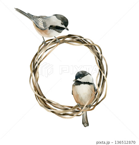 Braided Wreath with birds Black capped Chickadee. Watercolor hand drawn illustration isolated on white background Easter decor spring design cottagecore rustic card poster rural print home textile Braided Wreath with birds Black capped Chickadee. Watercolor hand drawn illustration isolated on white background Easter decor spring design cottagecore rustic card poster rural print home textile 136512870