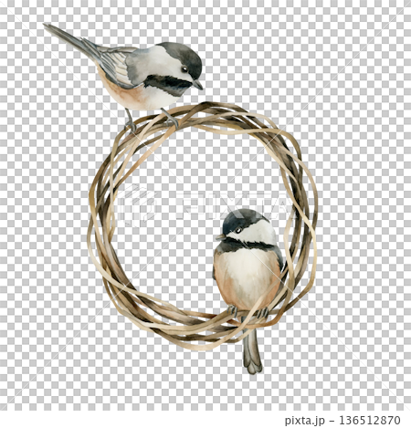 Braided Wreath with birds Black capped Chickadee. Watercolor hand drawn illustration isolated on white background Easter decor spring design cottagecore rustic card poster rural print home textile 136512870