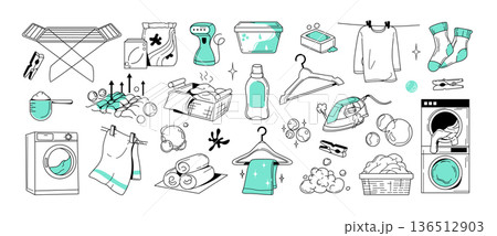 Hand drawn laundry doodle icon set with clothes, washer detergents and washing machines Hand drawn laundry doodle icon set with clothes, washer detergents and washing machines 136512903