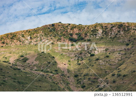 Rocky cliff on grassy hillside under blue sky in rural Rajasthan, India 136512991