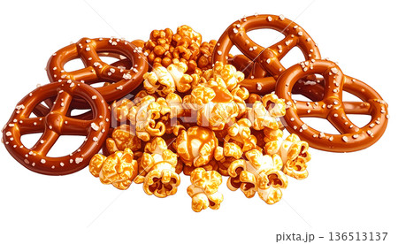 キャラメルポップコーン&プレッツェル スイート&ソルティースナックイラスト キャラメルポップコーン&プレッツェル スイート&ソルティースナックイラスト 136513137