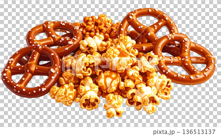 キャラメルポップコーン&プレッツェル スイート&ソルティースナックイラスト キャラメルポップコーン&プレッツェル スイート&ソルティースナックイラスト 136513137
