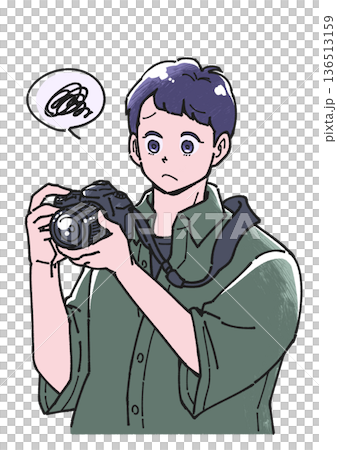 カメラを持ち、困り顔の男性のイラスト 136513159