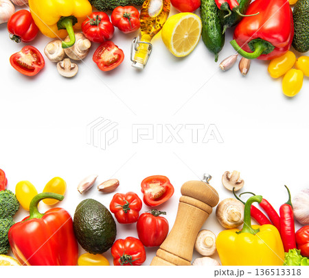 Fresh organic vegetables and ingredients creating healthy food border 136513318