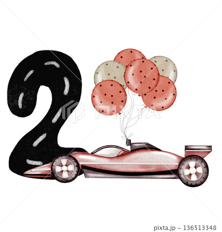 A watercolor racing car with a number card composition. Hand-drawn car template on a white background. Perfect for a racing-themed child's birthday party. 136513348