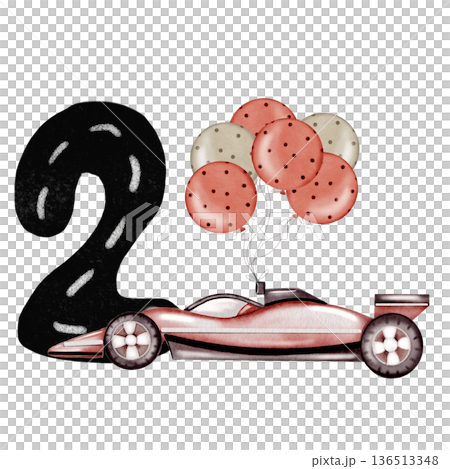 A watercolor racing car with a number card composition. Hand-drawn car template on a white background. Perfect for a racing-themed child's birthday party. 136513348