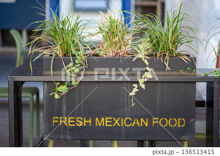 Outdoor restaurant planter with fresh mexican food text Outdoor restaurant planter with fresh mexican food text 136513415