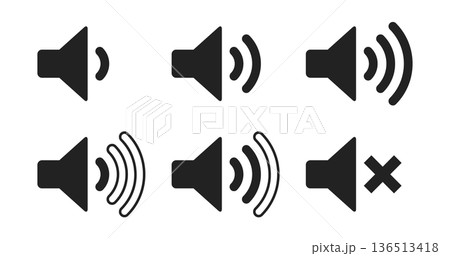 音量レベル段階表示のスピーカーアイコンセット（ミュート・ベクター・透過背景） 136513418
