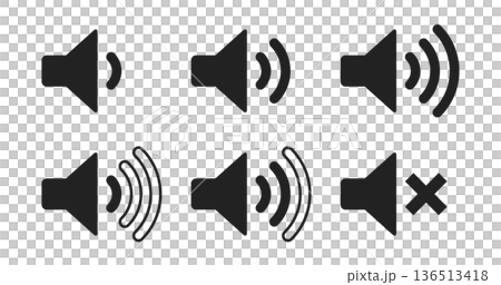 音量レベル段階表示のスピーカーアイコンセット（ミュート・ベクター・透過背景） 136513418