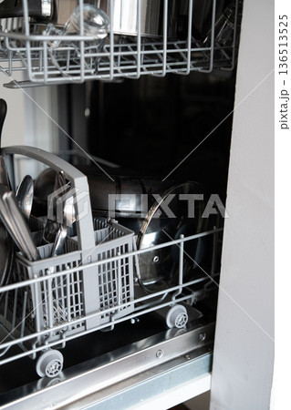 Loading a modern dishwasher with dirty dishes and cutlery in the kitchen, preparing for an automated cleaning cycle and household chore completion Loading a modern dishwasher with dirty dishes and cutlery in the kitchen, preparing for an automated cleaning cycle and household chore completion 136513525
