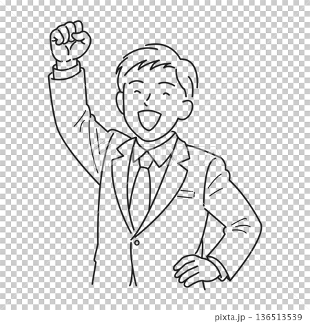 笑顔でガッツポーズをするスーツ姿の男性 笑顔でガッツポーズをするスーツ姿の男性 136513539