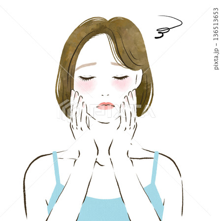 肌の炎症や不調について悩む女性のイラスト 肌の炎症や不調について悩む女性のイラスト 136513653