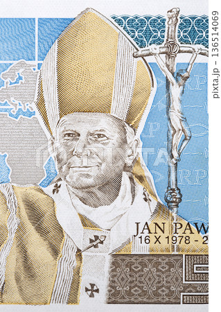 Pope John Paul II a portrait from Polish money Pope John Paul II a portrait from Polish money 136514069