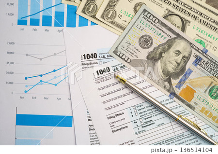 Tax form 1040 U.S. Individual Income Tax Return, business finance concept. 136514104