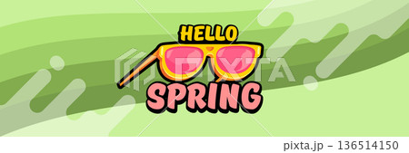 Hello Spring vector banner with text and retro yellow sunglasses isolated on green stripped wave background. Hello Spring poster design template with cartoon sunglasses, retro rainbow, good vibes 136514150