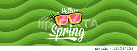 Hello Spring vector banner with text and retro yellow sunglasses isolated on green stripped wave background. Hello Spring poster design template with cartoon sunglasses, retro rainbow, good vibes Hello Spring vector banner with text and retro yellow sunglasses isolated on green stripped wave background. Hello Spring poster design template with cartoon sunglasses, retro rainbow, good vibes 136514152