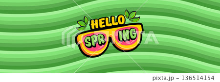 Hello Spring vector banner with text and retro yellow sunglasses isolated on green stripped wave background. Hello Spring poster design template with cartoon sunglasses, retro rainbow, good vibes Hello Spring vector banner with text and retro yellow sunglasses isolated on green stripped wave background. Hello Spring poster design template with cartoon sunglasses, retro rainbow, good vibes 136514154