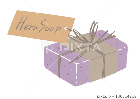 タグが付いたギフト用石鹸のイラスト 「Herb Soap」のメッセージカード付き 136514218