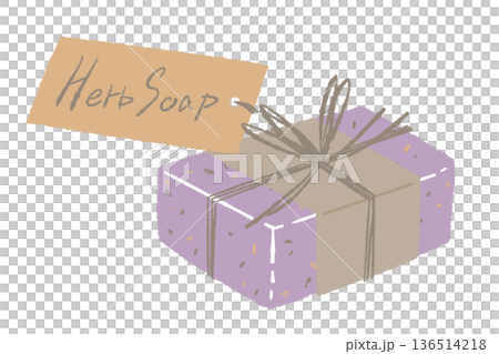 タグが付いたギフト用石鹸のイラスト 「Herb Soap」のメッセージカード付き 136514218