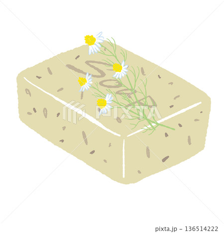 カモミールが乗ったベージュのハーブ石鹸イラスト ナチュラルな固形石鹸 カモミールが乗ったベージュのハーブ石鹸イラスト ナチュラルな固形石鹸 136514222