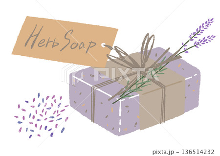 タグとラベンダーが付いたハーブ石鹸のイラスト ギフトメッセージ付き素材 136514232