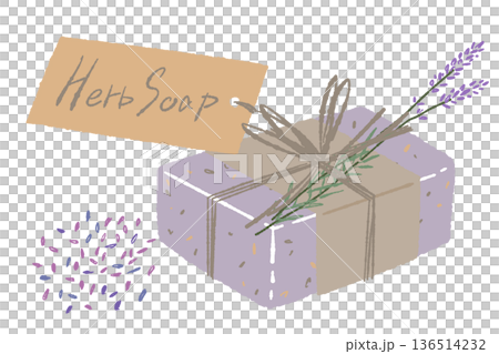 タグとラベンダーが付いたハーブ石鹸のイラスト ギフトメッセージ付き素材 136514232
