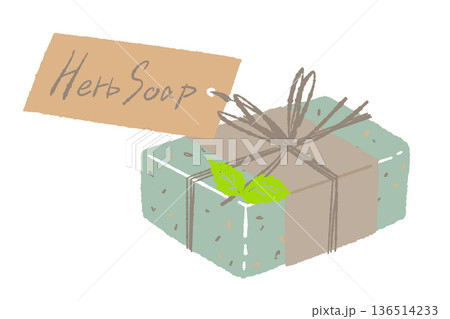 タグとミントが付いたハーブ石鹸のイラスト 爽やかなギフト素材 136514233
