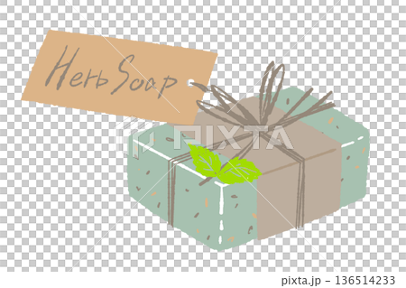 タグとミントが付いたハーブ石鹸のイラスト 爽やかなギフト素材 136514233