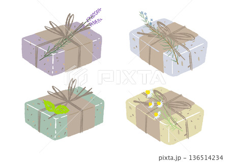 4種類のハーブ石鹸のギフトセットイラスト カモミール・ラベンダー・ミント・ローズマリー 4種類のハーブ石鹸のギフトセットイラスト カモミール・ラベンダー・ミント・ローズマリー 136514234