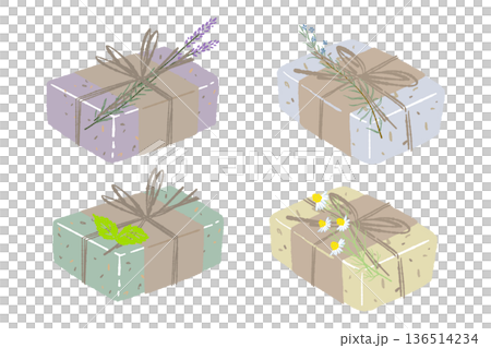 4種類のハーブ石鹸のギフトセットイラスト カモミール・ラベンダー・ミント・ローズマリー 4種類のハーブ石鹸のギフトセットイラスト カモミール・ラベンダー・ミント・ローズマリー 136514234