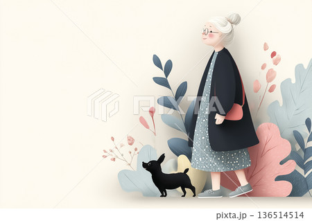 小型犬と歩くシニア女性の横向きフラットイラスト　高齢者の自立した暮らしと外出支援イメージ素材 136514514