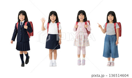 同一人物の小学生女の子 4ポーズ全身切り抜きセット 透過PNG 10代以下 ランドセル スーツ カジ 136514604